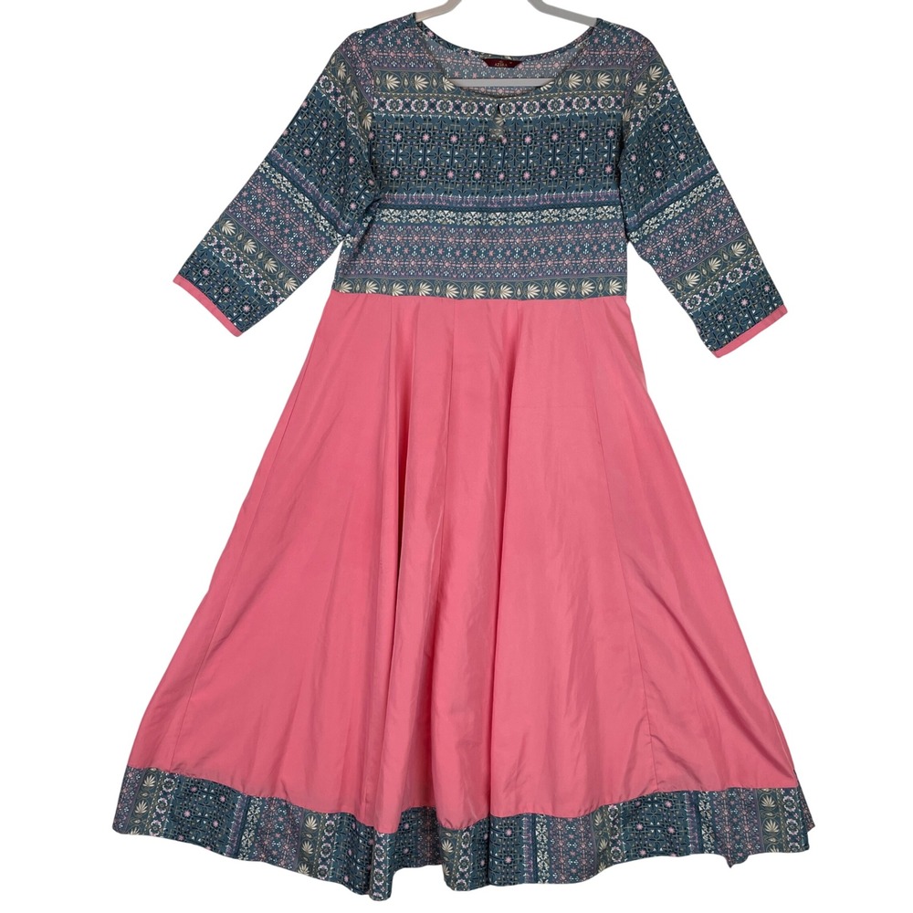 AZIRA Embroidered Maxi Dress Pink Teal Geometric Print 3/4‎ Sleeve Women's M